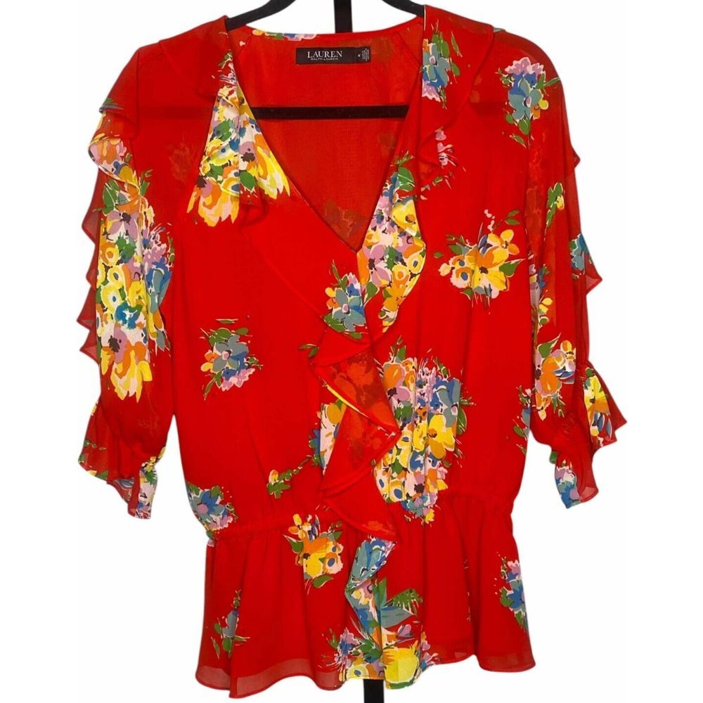 Lauren Ralph Lauren Red Floral Ruffle Peplum Blouse